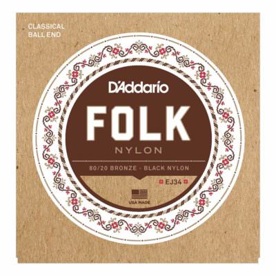 מיתרים לגיטרה קלאסית דדריו - Daddario EJ34 Folk 80/20 Bronze Black Nylon Ball End